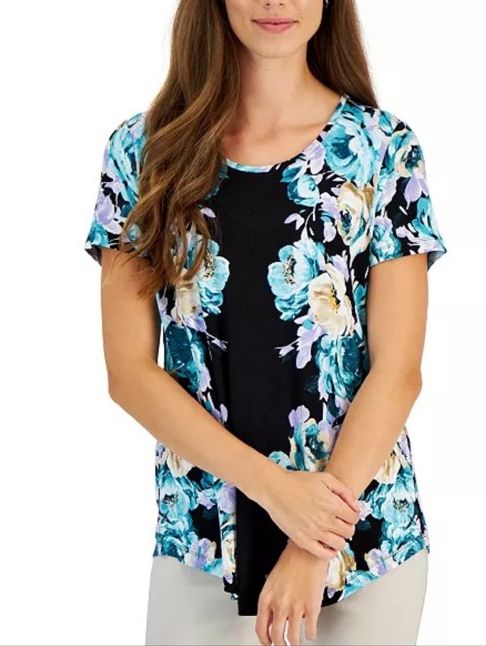 JM Collection XL Black Floral Short Sleeve Tunic Top NWT Soft Stretch
